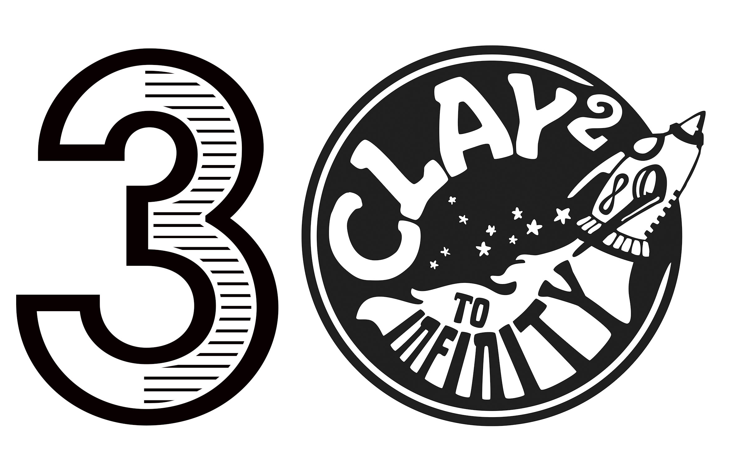 Clay Squared 30 year logo The number 3 next to a circular logo featuring a rocket ship and the text Clay2 To Infinity.